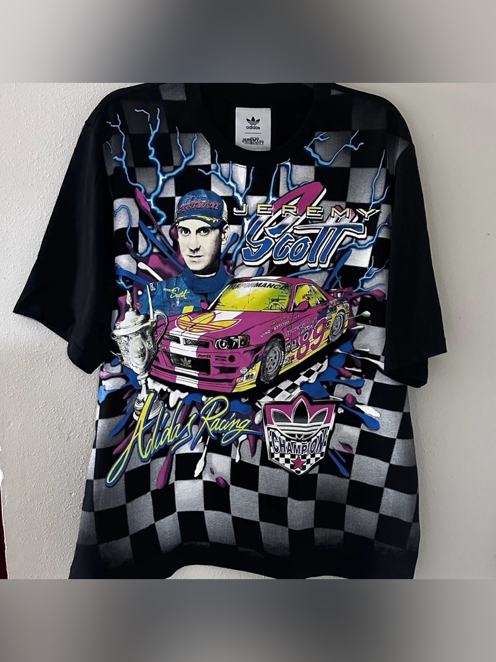 Adidas Jeremy Scott Lightning NASCAR Racing All Over Print T-Shirt Oversized Med